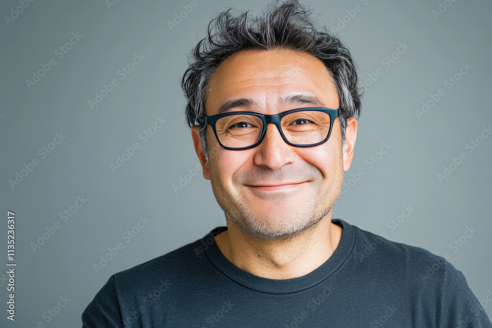 Smiling man with glasses expressing joy against a simple background Smiling man with glasses expressing joy against a simple background