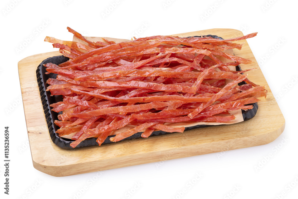 Smoked meat chips or pork straws on tray isolated on white background Smoked meat chips or pork straws on tray isolated on white background
