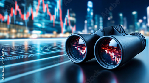 Futuristic cityscape reflecting in binoculars with stock market graphs, symbolizing business vision and analytics.