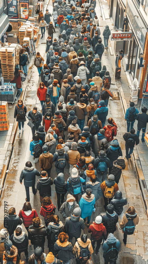 Obraz premium Group of people are standing in line outside a store.