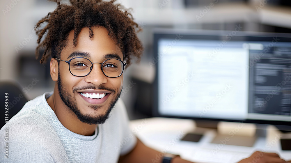 Obraz premium Top African-American Tax Advisor Smiling While Multitasking at His Desk .