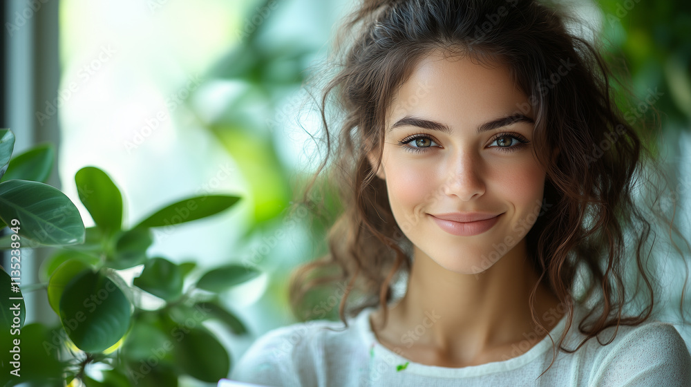 Woman painting at home with natural light and plants around her. Woman painting at home with natural light and plants around her.