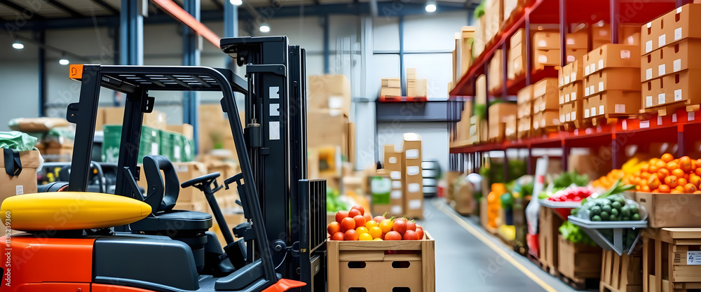 Warehouse with Forklift and Produce, Food Industry and Storage Warehouse with Forklift and Produce, Food Industry and Storage