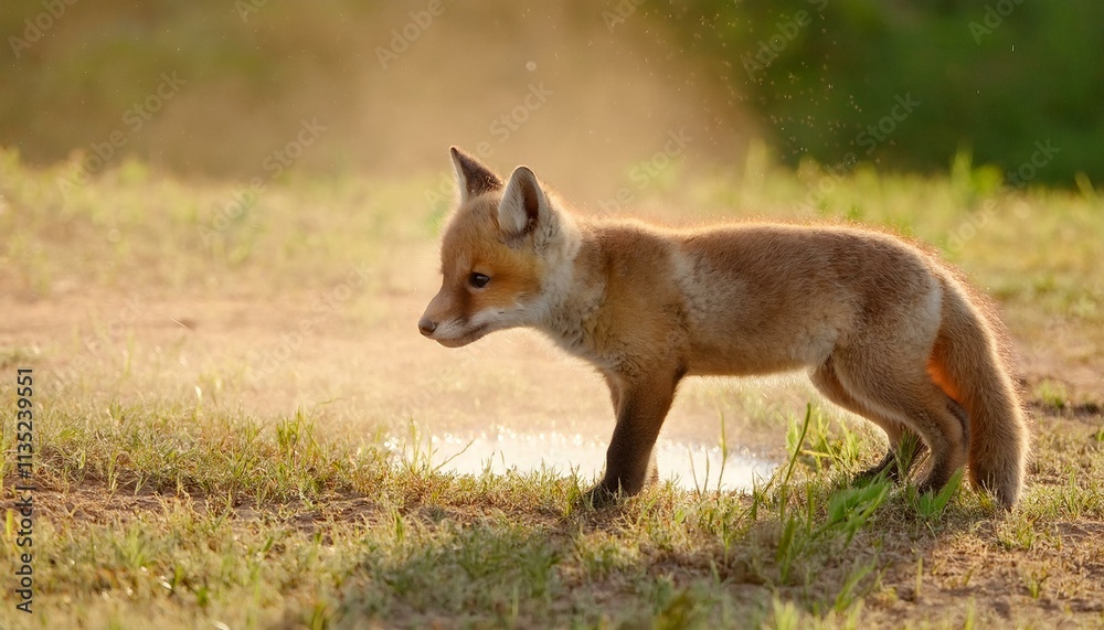 Fototapeta premium 바람에 먼지가 날리는 초원 위에서 물웅덩이를 찾는 작은 여우의 모습