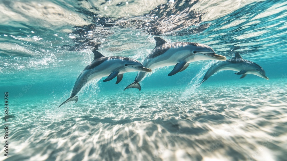 Obraz premium Dolphins leaping in ocean dynamic joyful powerful image