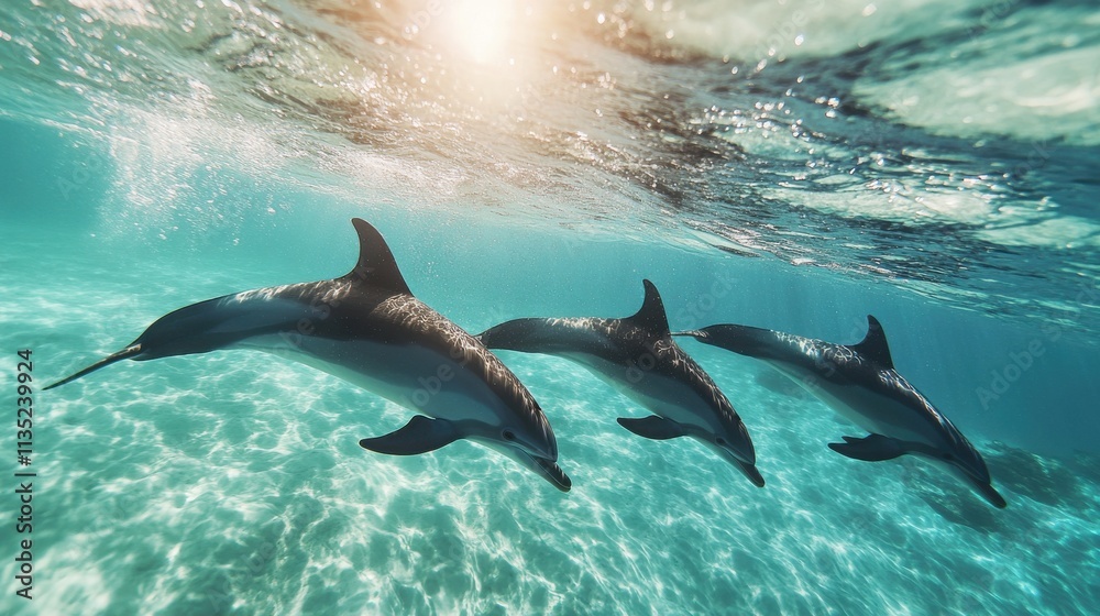Fototapeta premium Dolphins leaping in ocean dynamic joyful powerful image