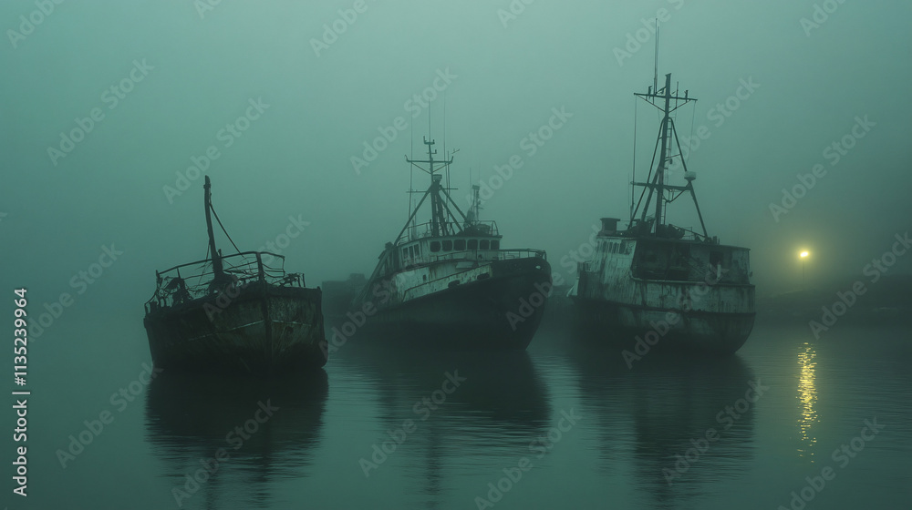 A fog-covered harbor at night, where the skeletal remains of abandoned ships drift silently, and the faint sound of distant bells tolls in the mist. A fog-covered harbor at night, where the skeletal remains of abandoned ships drift silently, and the faint sound of distant bells tolls in the mist.