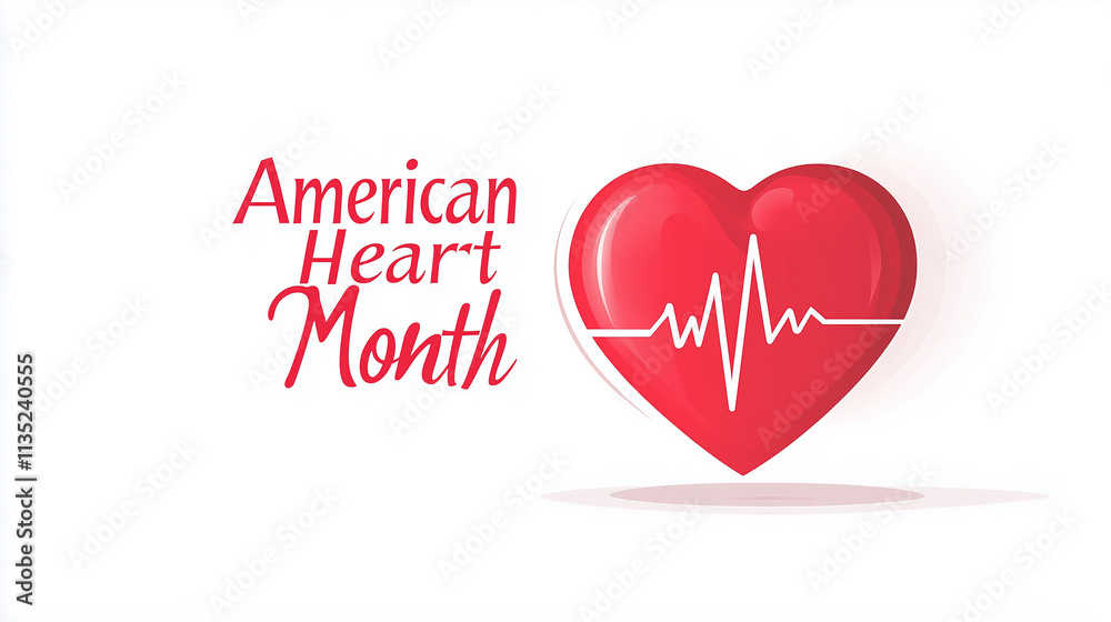Red heart shape, regular white line of an ECG line inside the heart, red and black text American Heart Month, white background. Advertisement poster, health awareness poster. Health theme. Red heart shape, regular white line of an ECG line inside the heart, red and black text American Heart Month, white background. Advertisement poster, health awareness poster. Health theme.
