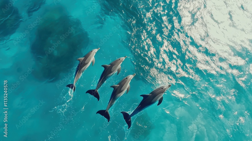 Obraz premium Dolphins playfully swim in crystal clear ocean waters