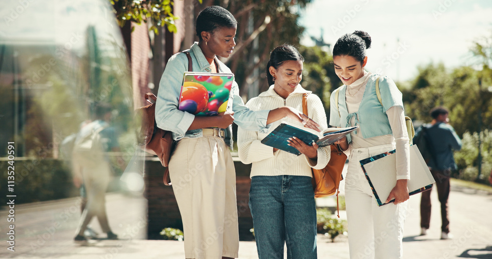 Fototapeta premium People, students and college for textbook research, outdoor and friends talking on education. Women, academy and support with university project or module, conversation and study help with course