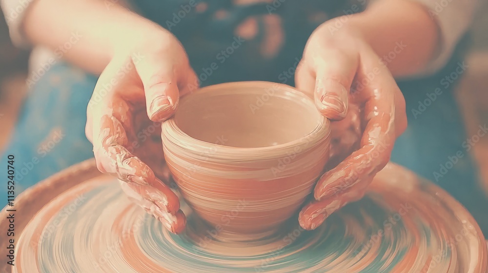 A person shaping a clay bowl on a pottery wheel, showcasing craftsmanship. A person shaping a clay bowl on a pottery wheel, showcasing craftsmanship.