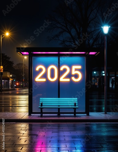 A nighttime scene at a bus stop with glowing neon 