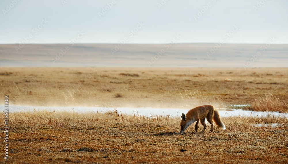 Fototapeta premium 바람에 먼지가 날리는 초원 위에서 물웅덩이를 찾는 작은 여우의 모습