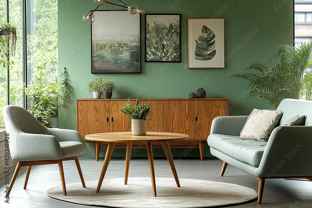 Mint color chairs at round wooden dining table in room with sofa and cabinet near green wall. Scandinavian, mid-century home interior design of modern living room.