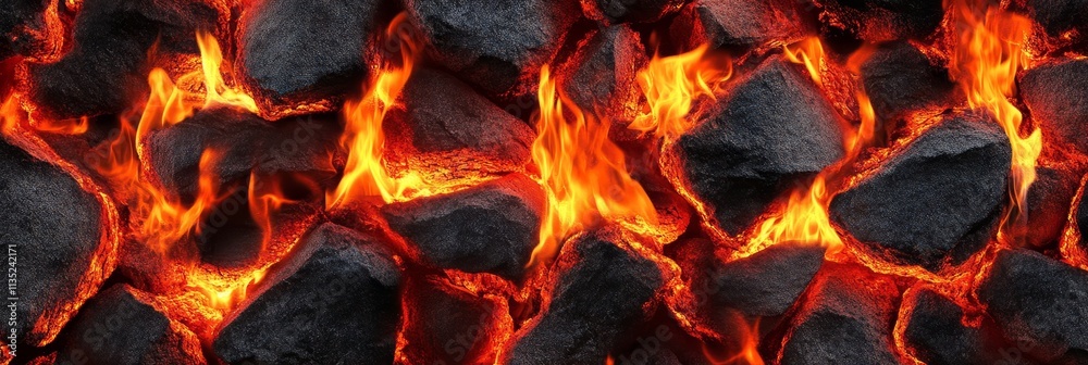 Burning Embers and Coal - Fiery coals, intense heat, glowing embers, dark rocks, energy. Symbolizes power, passion, destruction, rebirth, transformation.