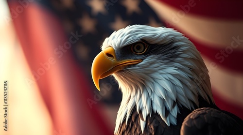  A graceful eagle with refined features and an American flag flies against bright lens flare. photo