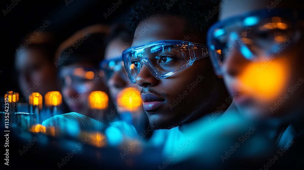Diverse students experimenting together in a science lab. Diverse students experimenting together in a science lab.