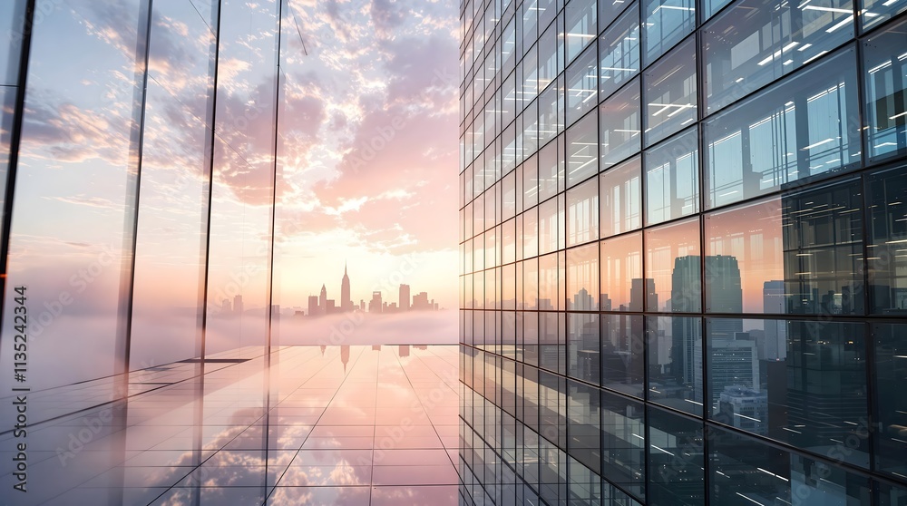 Modern Office Building with City Skyline, Glass Exterior and Sunset Modern Office Building with City Skyline, Glass Exterior and Sunset