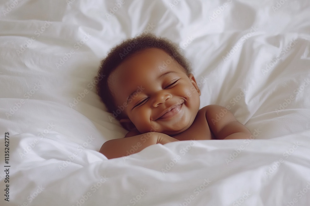 Smiling newborn baby sleeping on a flat background with copy space. AI generated image Smiling newborn baby sleeping on a flat background with copy space. AI generated image