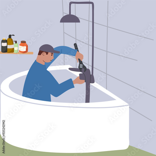 Plumber working on faucet installation, adjusting plumbing fittings. Professional worker installing tap in home washroom. Flat vector illustration hand drawn.