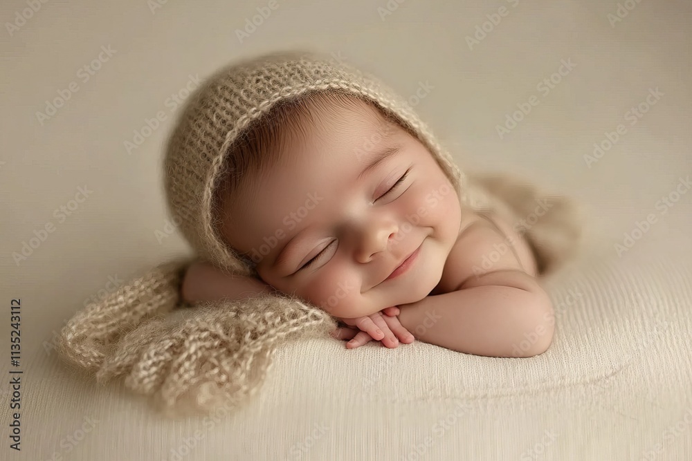 Smiling newborn baby sleeping on a flat background with copy space. AI generated image Smiling newborn baby sleeping on a flat background with copy space. AI generated image