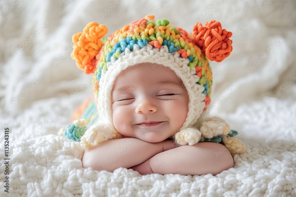 Smiling newborn baby sleeping on a flat background with copy space. AI generated image Smiling newborn baby sleeping on a flat background with copy space. AI generated image