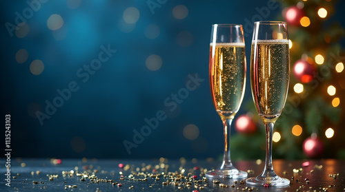 Festive banner. Two glasses of champagne on dark blue background with Christmas tree with lights bokeh. Leave some space.