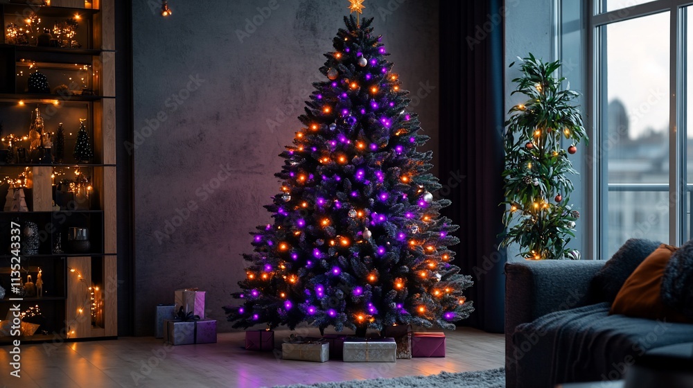 Fototapeta premium Festive Christmas tree with purple and orange lights in modern living room.