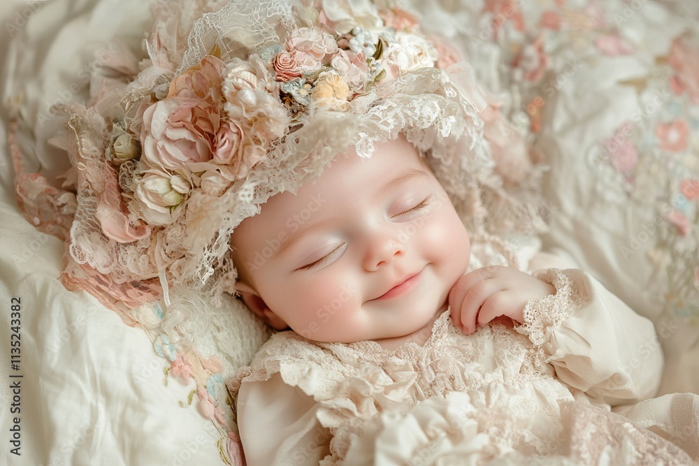 Smiling newborn baby sleeping on a flat background with copy space. AI generated image Smiling newborn baby sleeping on a flat background with copy space. AI generated image