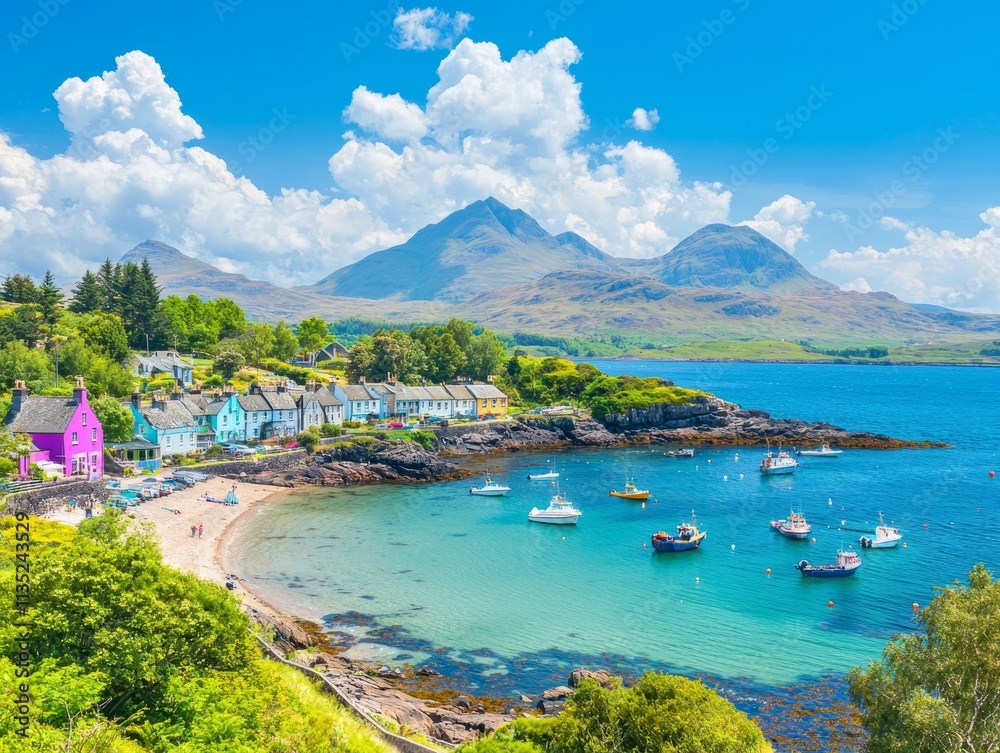 Fototapeta premium A picturesque coastal village with colorful houses and boats on a serene bay.
