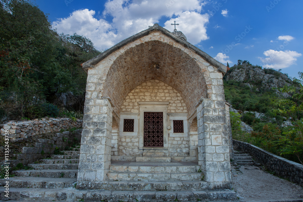 The Church of Our Lady of Remedy on the slope of St. John mountain above Old Town of Kotor, Montenegro.