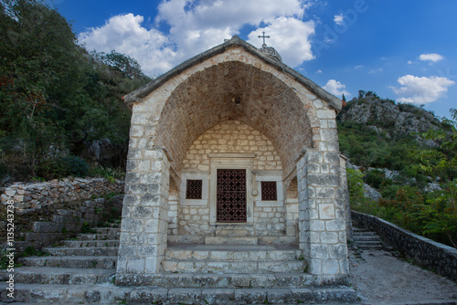 Obraz na płótnie The Church of Our Lady of Remedy on the slope of St. John mountain above Old Town of Kotor, Montenegro. w salonie