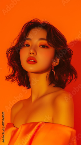 Korean beautiful girl taking photo with orange background and orange light