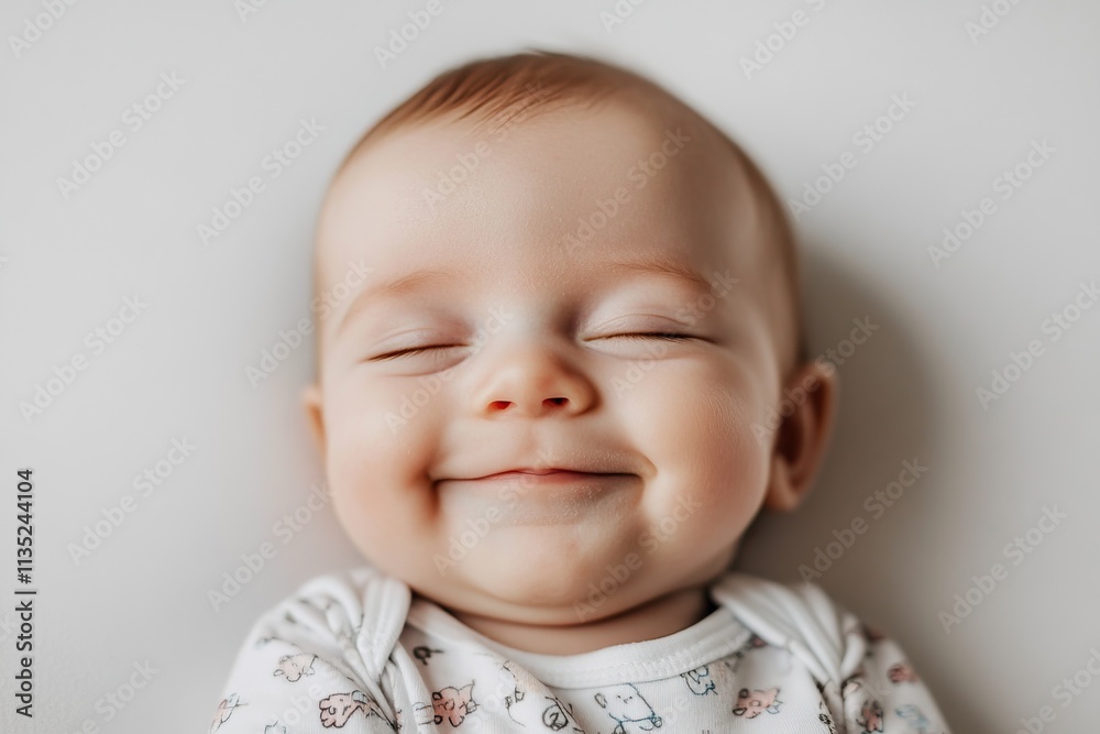 Smiling newborn baby lying on a pastel background, close-up with copy space. AI generated image Smiling newborn baby lying on a pastel background, close-up with copy space. AI generated image