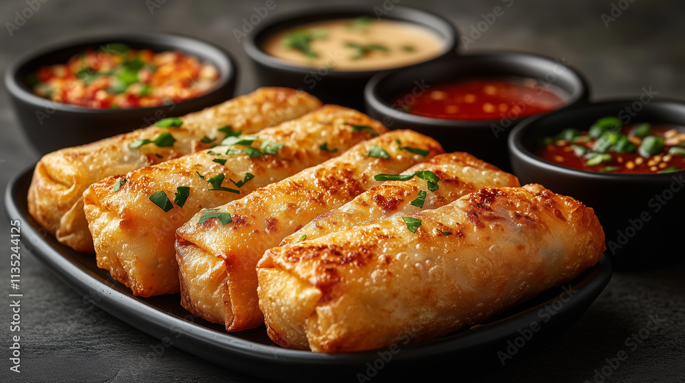Crispy spring rolls with dipping sauces arranged in small bowls. Crispy spring rolls with dipping sauces arranged in small bowls.
