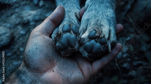 Dog paws with a spot in the form of heart and human hand close up, top view. Conceptual image of friendship, trust, love, the help between the person and a dog photo