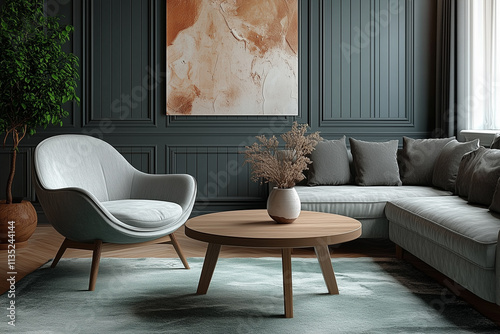 Grey chair and round coffee table near corner sofa against dark grey paneling wall. Scandinavian style home interior design of modern living room. (Multiple values)