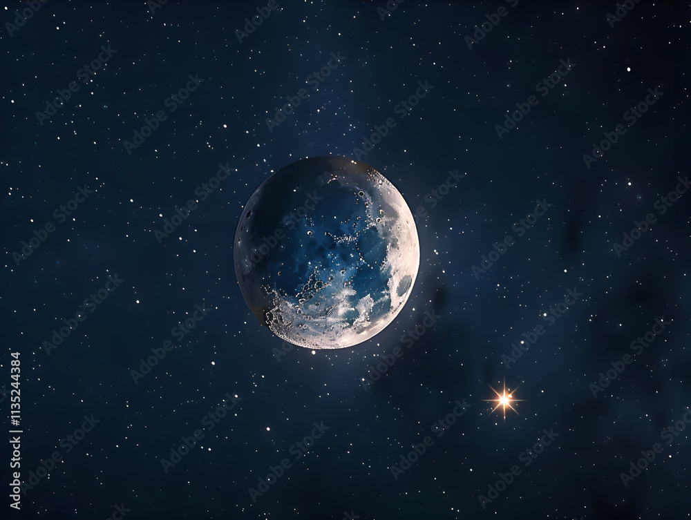 A crescent moon and a bright star shining in the dark blue night sky symbolize the beginning of Ramadan A crescent moon and a bright star shining in the dark blue night sky symbolize the beginning of Ramadan
