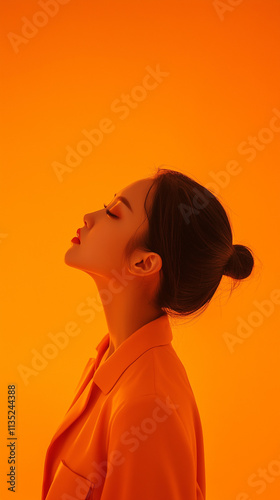 Korean beautiful girl taking photo with orange background and orange light