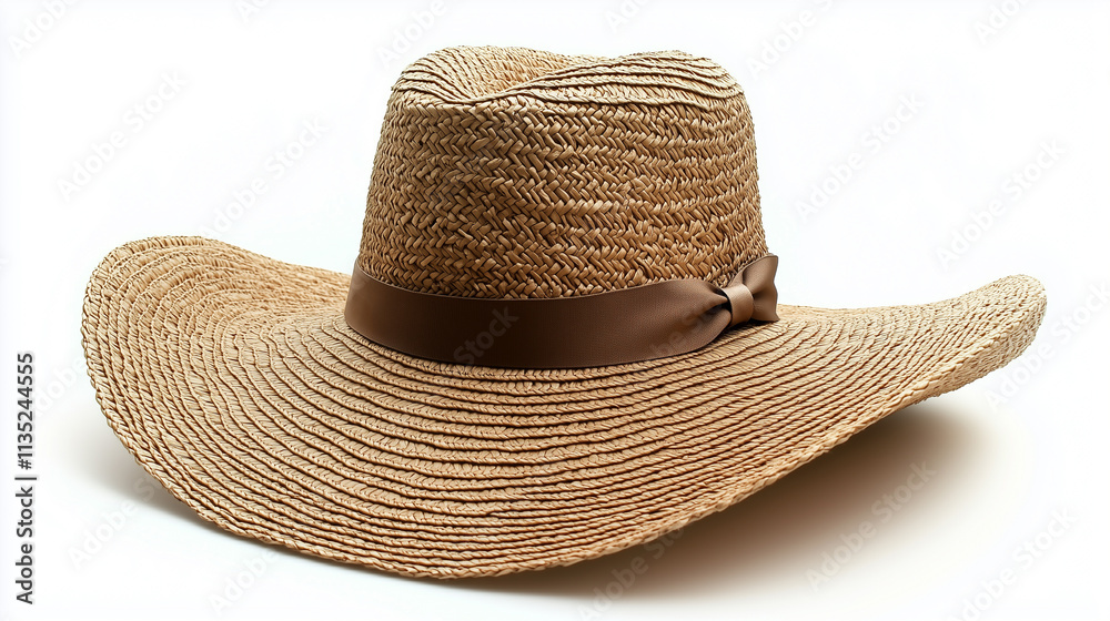 A wide-brimmed straw hat with a ribbon around the base. A wide-brimmed straw hat with a ribbon around the base.