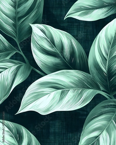 Wallpaper Mural A close-up view of lush green leaves with subtle textures, set against a dark background, creating a tranquil and sophisticated atmosphere. Torontodigital.ca