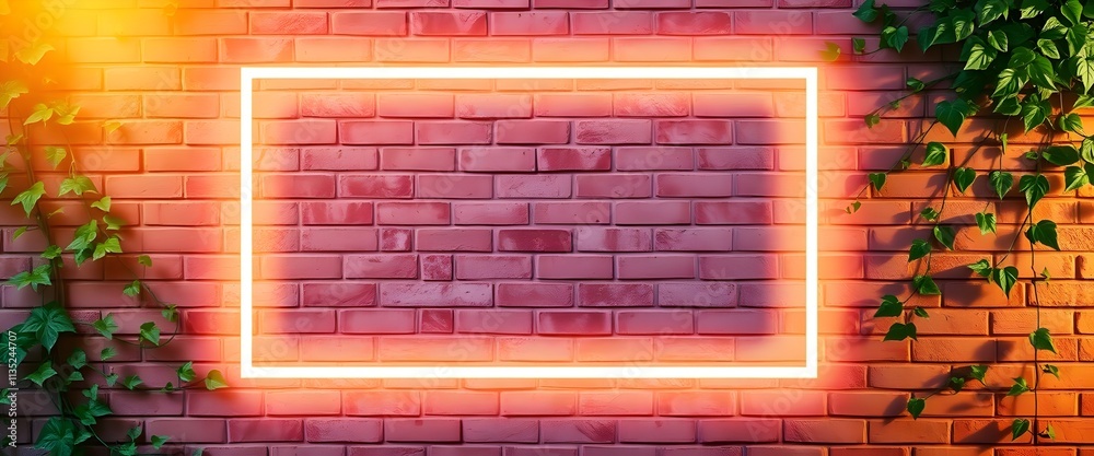 Neon Frame on Brick Wall with Plants, Orange and Pink Neon Frame on Brick Wall with Plants, Orange and Pink