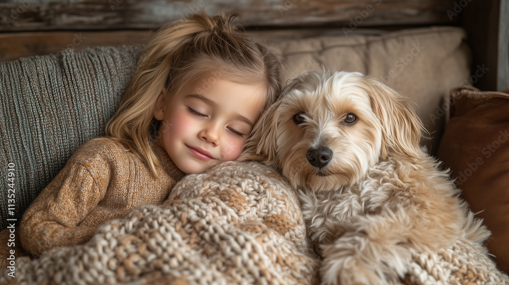 Child and pet cuddling on a sofa with a cozy, knitted blanket. Child and pet cuddling on a sofa with a cozy, knitted blanket.