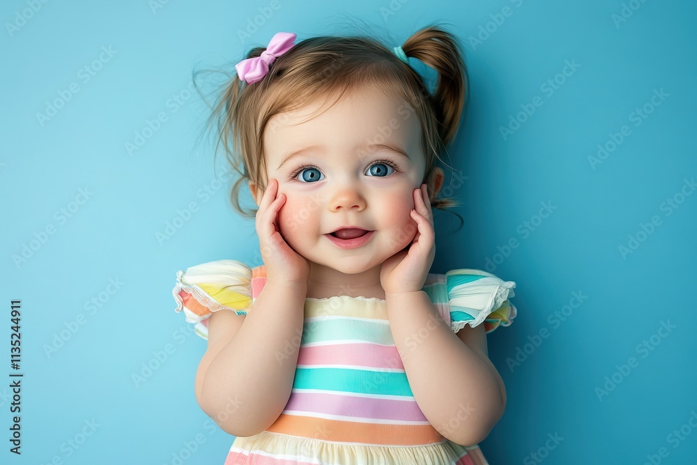 Happy surprised little girl with hands near her face on a blue background. AI generated image