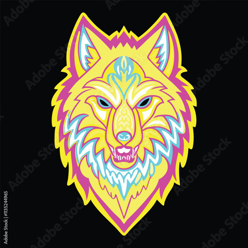 Abstract tribal artwork illustrative digital painting of a wolf surrounded by colorful and thick smoke.
