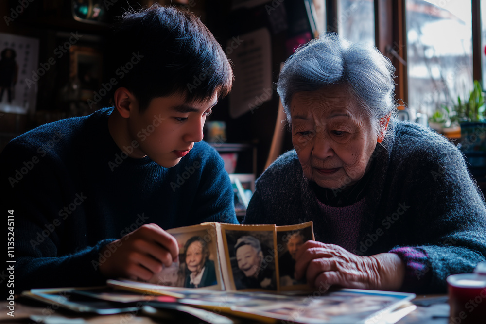 Fototapeta premium Young man helping elderly grandmother look through family photo album in cozy indoor setting
