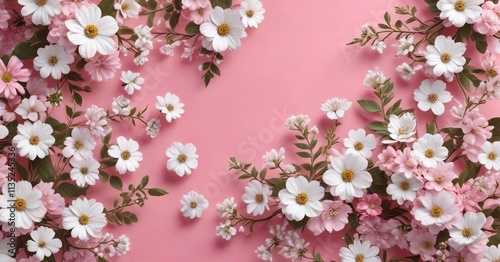 Whimsical floral pattern with white and pink flowers against pink backdrop, joyful, serenity photo