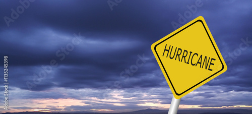 Hurricane Idalia warning sign against a powerful stormy background with copy space. Dirty and angled sign with cyclonic winds add to the drama.hurricane season sign on cloudy background photo