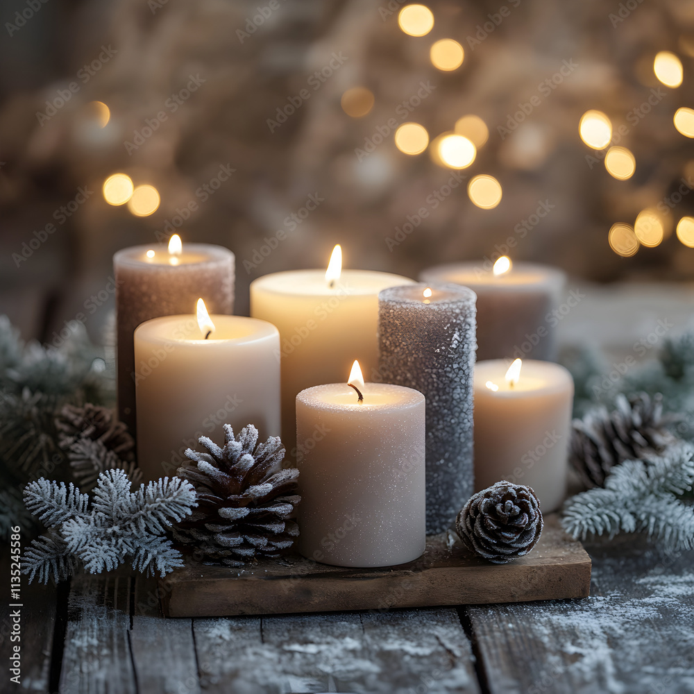 Cozy Winter Candles with Pinecones and Festive Lights Cozy Winter Candles with Pinecones and Festive Lights