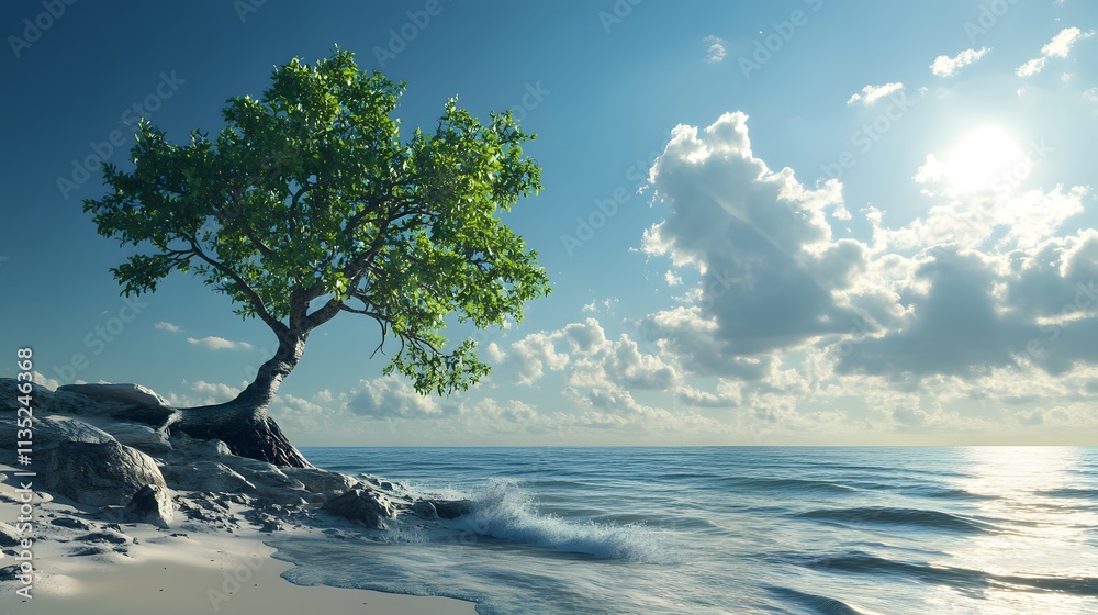 Tranquil beach at sunset with a solitary tree and vibrant clouds above